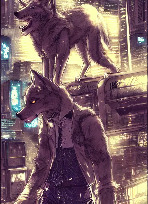 Image similar to character portrait of a male anthro wolf fursona with a tail and a cute beautiful attractive detailed furry face wearing stylish cyberpunk clothes in a cyberpunk city at night while it rains. hidari, color page, tankoban, 4K, tone mapping, Akihiko Yoshida.