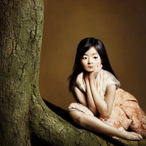 Prompt: portrait of asian girl in the costume of bird, sitting in the tree, jewellery, beautiful face, elegant, stylish, cool, deep gaze, emotionally touching, tenderness, high quality, photo realistic, work in the style of annie leibowitz