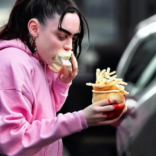 Prompt: paparazzi photo of Billie Eilish eating an onion McDonalds