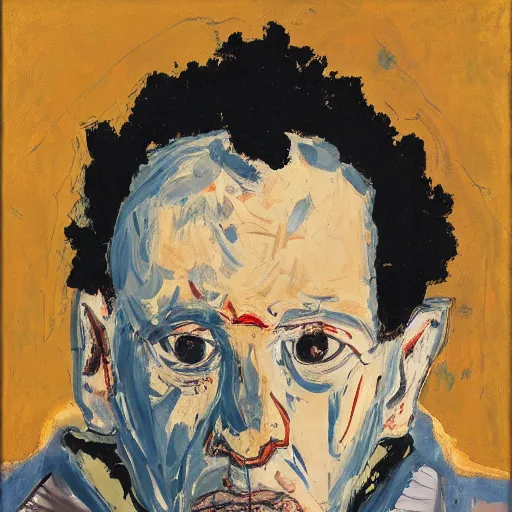 Prompt: painting of a man staring at you, by georg baselitz