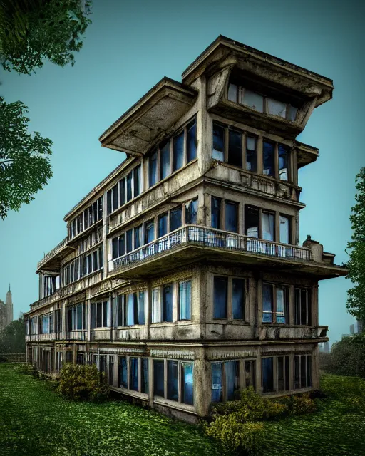 Prompt: a beautiful ultradetailed highly detailed house city nature industrial architecture urbex unfinished building by owen d. pomery, thermal imaging liberty city flowers, archdaily, wallpaper, highly detailed, trending on artstation.