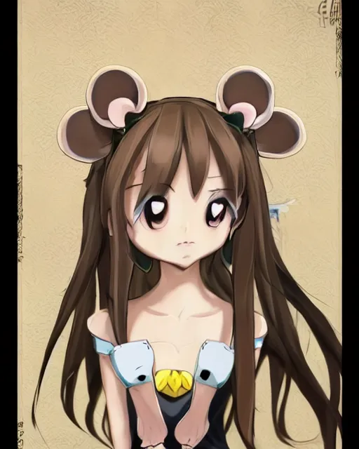 Prompt: A cute wakfu-style frontal painting of a very very beautiful anime skinny mousegirl with long wavy brown colored hair and small mouse ears on top of her head wearing a cute black dress and black shoes looking at the viewer, elegant, delicate, feminine, soft lines, higly detailed, smooth , pixiv art, ArtStation, artgem, art by alphonse mucha Gil Elvgren and Greg rutkowski, high quality, digital illustration, concept art, very long shot, game character