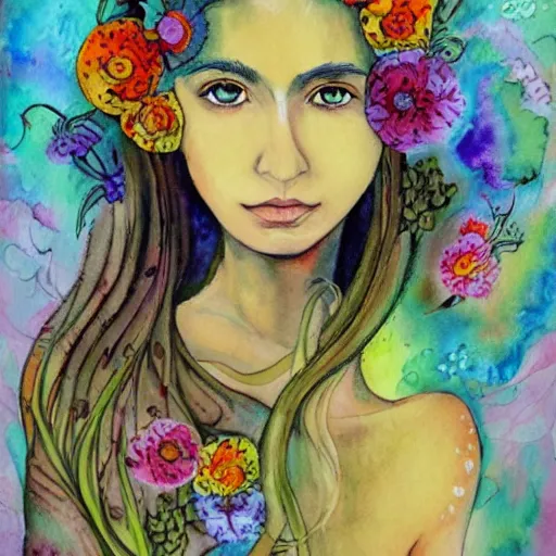 Image similar to a painting of a woman with flowers in her hair, a watercolor painting by alice mason, deviantart, psychedelic art, deviantart, detailed painting, watercolor