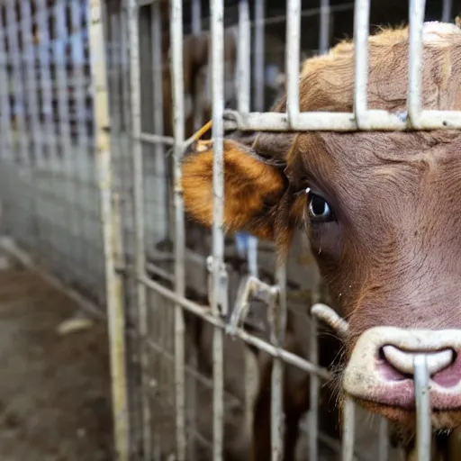 Image similar to chained calf inside a cage watching a bottle of milk