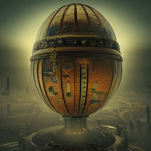 Image similar to enormous flying city in a faberge egg, sky, steampunk, fantasy art, unreal engine