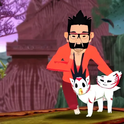 Image similar to Markiplier was absorbed into the Okami game. He must now befriend Okami in order to escape. Screenshot of the Markiplier character in the Playstation 2 game Okami. HDR, 4k, 8k, Okami being petted by Markiplier, who is looking at the camera.