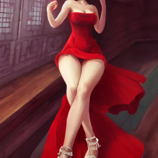 Image similar to red dress of aerith gainsborough by WLOP, rossdraws, Logan Cure, Mingchen Shen, BangkuART, sakimichan, yan gisuka, JeonSeok Lee, zeronis, Chengwei Pan on artstation