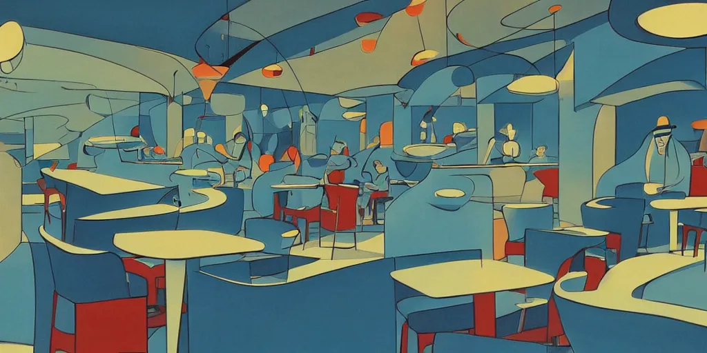 Prompt: cafe interior, blue tone, modernism, gouache, animated film, stylised, illustration, by eyvind earle, scott wills, genndy tartakovski