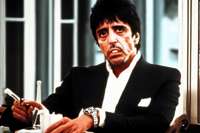 Image similar to tony montana from movie scarface 1 9 8 3 sitting at a big black oak table with big transparant packages of flour. next to the night window. al pacino. perfect symmetric face, coherent eyes,, fine details, 4 k, ron cobb, cinestill