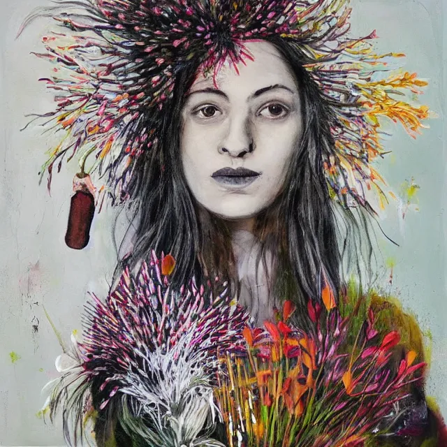 Prompt: “ a portrait in a female art student ’ s apartment, australian wildflowers, sensual, queer woman, flax, flannel flower, bottlebrush, eucalyptus, art supplies, a candle dripping white wax, clay, squashed berries, berry juice drips, acrylic and spray paint and oilstick on canvas, surrealism, neoexpressionism ”