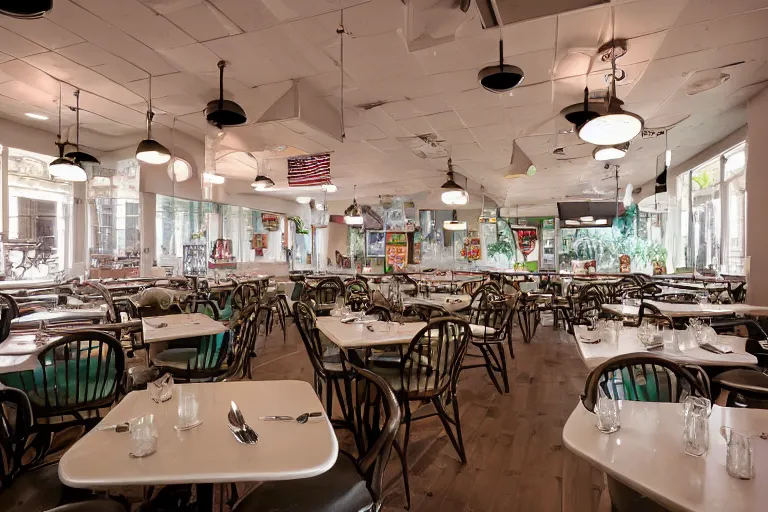 Prompt: 1 9 9 2 frog themed diner, tables repeat into the horizon, frogcore, one point perspective, americana, restaurant interior photography, 5 5 mm