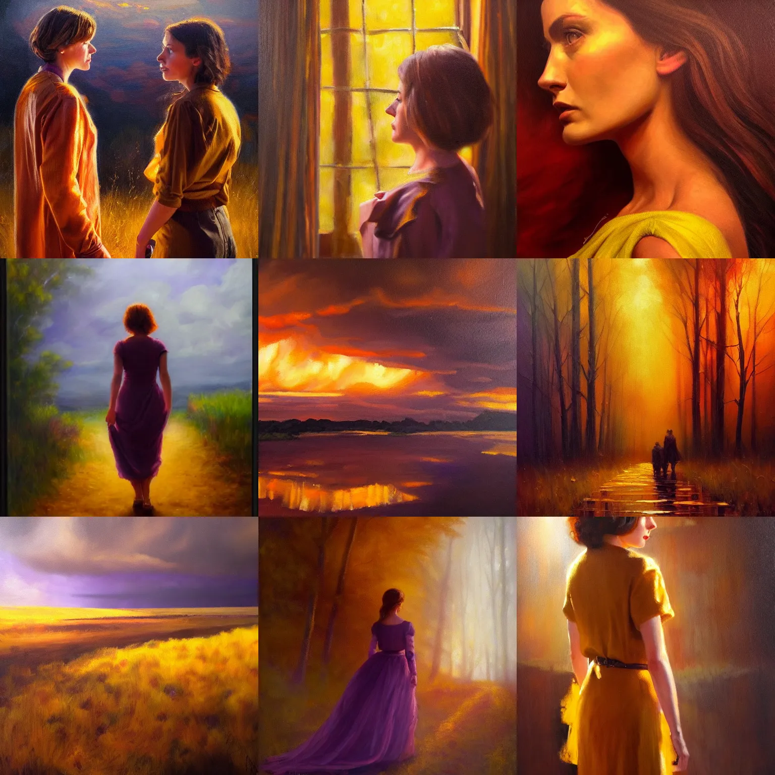 Prompt: we see violet myers from side. atmospheric feeling, warm colours, brown colours, yellow colours, epic scene, cinematic, very detailed, oil painting