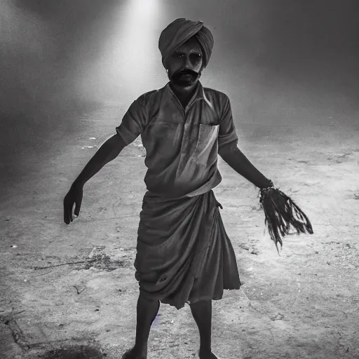 Image similar to a dramatic photograph of worker from india, cinematic lighting