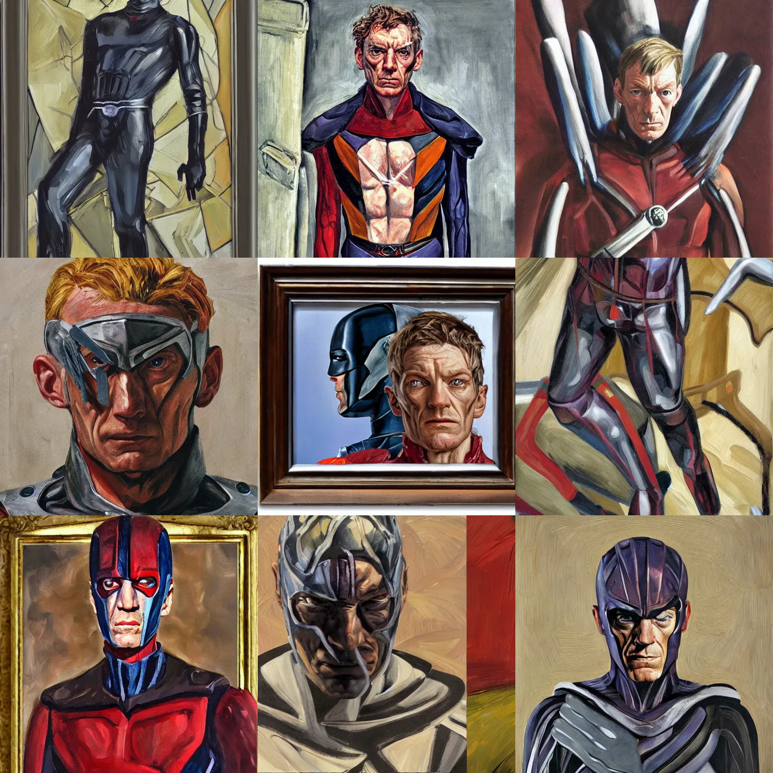 Image similar to Magneto fully costumed from the X-Men oil painting by Lucian Freud