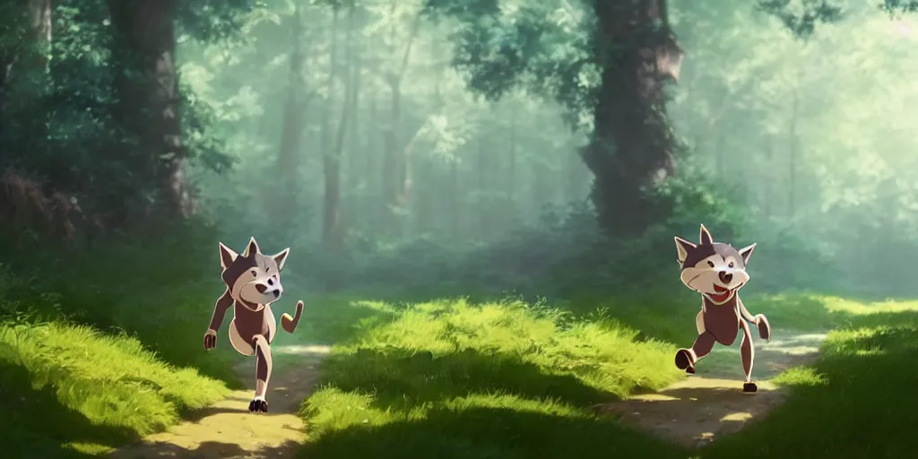 Image similar to a wholesome animation key shot of a cute wolf boy running through a forest, medium shot, waist up, studio ghibli, pixar and disney animation, sharp, rendered in unreal engine 5, anime key art by greg rutkowski, bloom, dramatic lighting