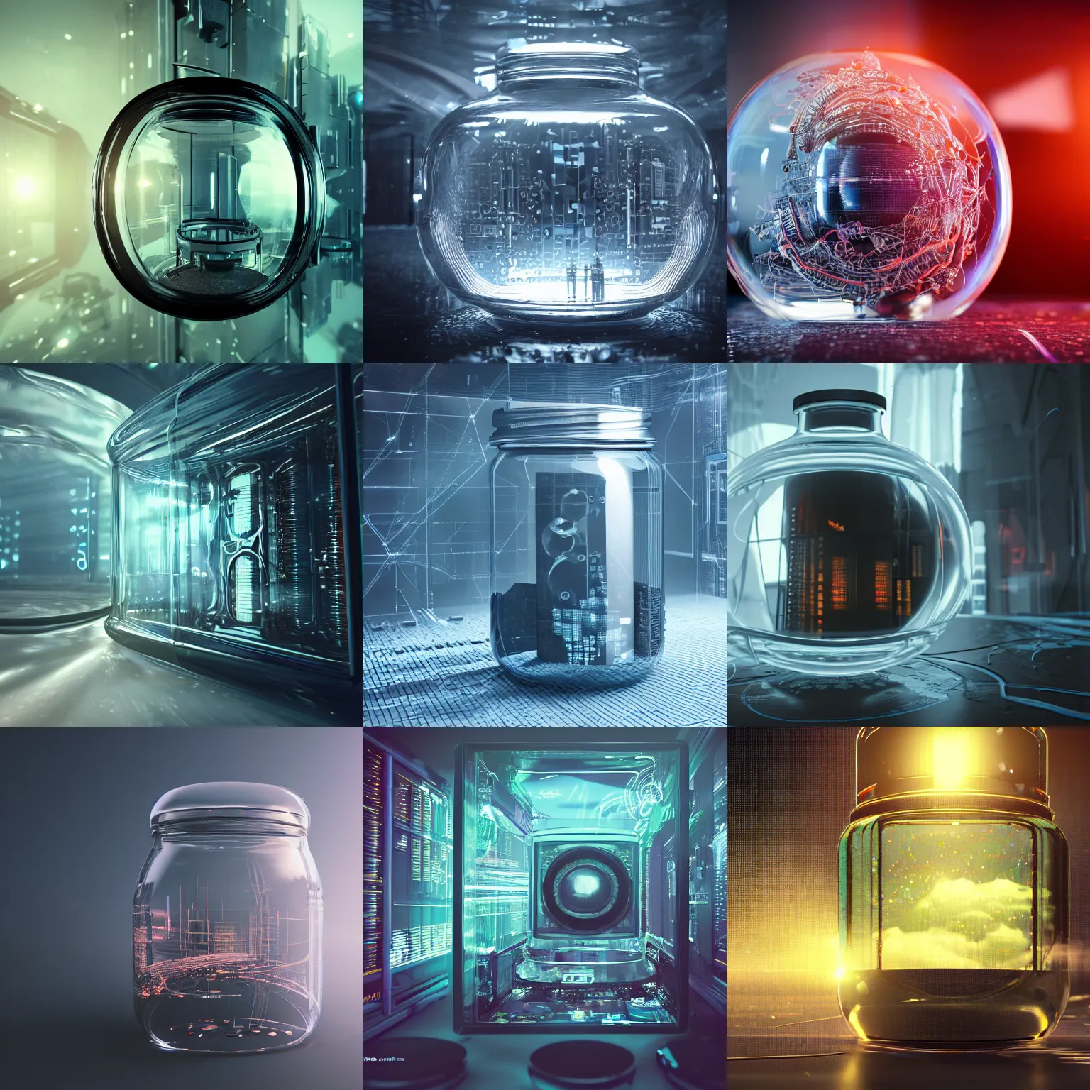 Prompt: computer mainframe inside a glass jar, intricate detail, volumetric lighting, epic composition, hyper detailed, ultra realistic, sharp focus, octane render, ray tracing, sense of awe, swirling mist, 4 k