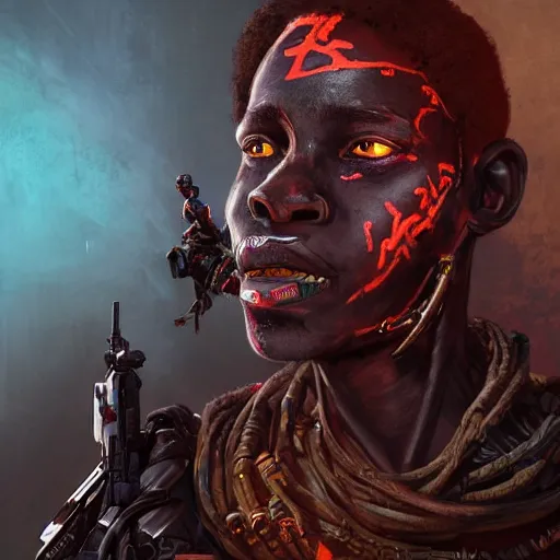 Image similar to a dark and ominous cyborg african child soldier with glowing eyes and tribal facial scarification, neon graffiti, Apex Legends character digital illustration portrait design, by android jones and greg rutkowski in a cyberpunk voodoo style, retrowave color scheme, detailed, cinematic lighting, wide angle action dynamic portrait