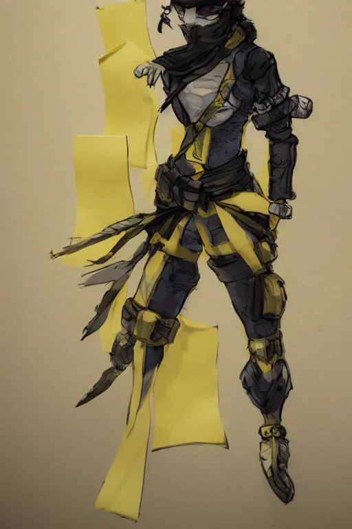 Prompt: female adventurer in tight full - body soft yellow sticky note armor and a white porcelain crow mask, trending in artstation, japanese, artstation, establishing shot