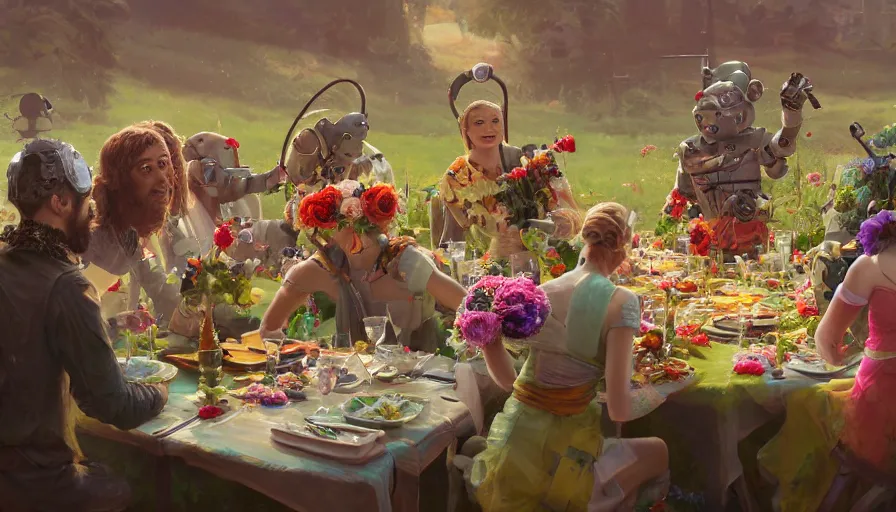 Prompt: a table dinner of robots where robots are dressed like the characters from the midsommar movie wearing flowers, realistic detailed digital art by maxwell boas jessica rossier christian dimitrov anton fadeev trending on artstation cgsociety rendered in unreal engine 4 k hq