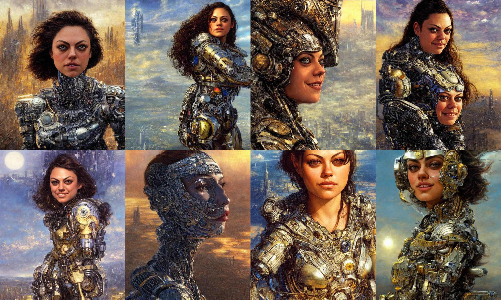 Prompt: close - up portrait of epic young mila kunis smiling into camera, intricate cyborg armor, vista of futuristic city, windy, golden hour, wlop, by gerald brom, by mikhail vrubel, by peter elson, muted colors, extreme detail, trending on artstation