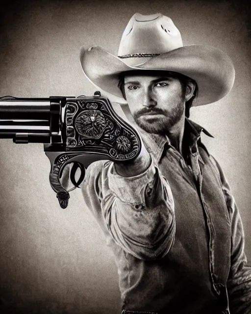 Prompt: portrait of cowboy holding realistic detailed colt revolver, black and white polaroid, western, high production value, intricate details, high resolution, hyperrealistic, hdr, high definition, award winning photography, masterpiece, ultra realistic, highly detailed, hd, sharp focus, cinematic lighting, shaded, non blurry, sharp, smooth