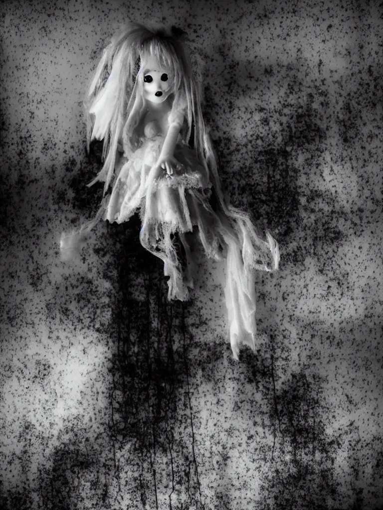 Image similar to cute drooping ectoplasmic fumo plush gothic maiden ghost apparition girl, in the lobby of a flooded abandoned hotel, tattered black and white dress, bokeh