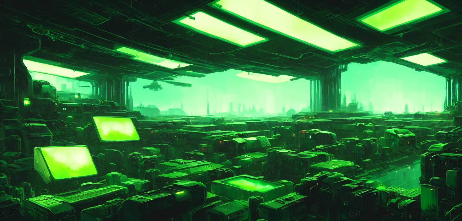 Prompt: a wall of monitors glowing green, retropunk flat art background, cinematic view, detailed, concept art, high detail, warm lighting, volumetric, godrays, vivid, beautiful, trending on artstation, by jordan grimmer, huge scene, grass, art greg rutkowski