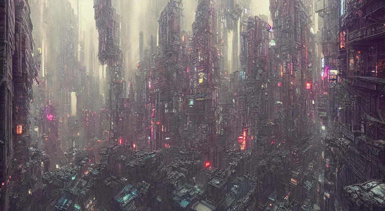 Prompt: cyberpunk city streets with renaissance architecture, cinematic night neon lighting, hyper detailed, hyper realistic, in the style of beksinski