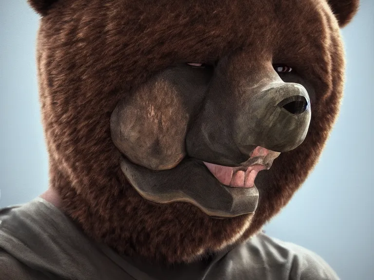 Image similar to Sad man puts on a bear mask, RPG Reference, Oil Painting, Trending on Artstation, octane render, Insanely Detailed, 8k, HD