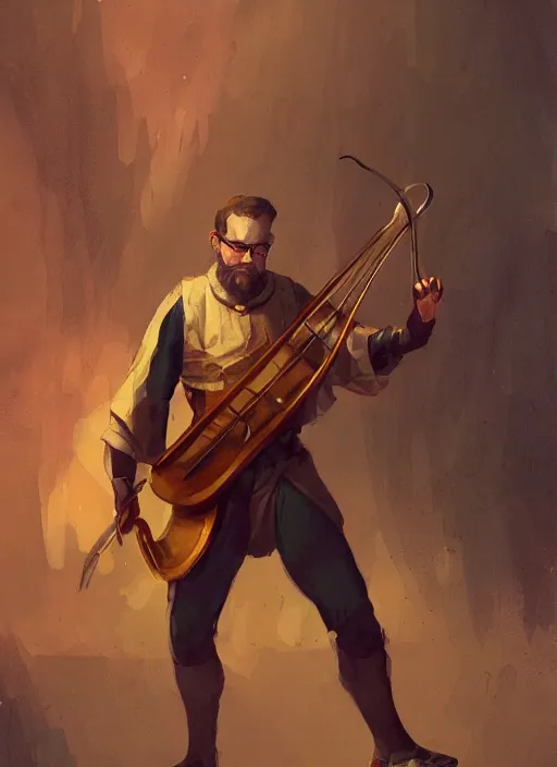 Image similar to illustration of gordon freeman from half - life as a bard playing a lyre, dressed in renaissance clothing, by greg rutkowski artstation