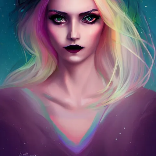 Image similar to portrait of a woman inspired by lois van baarle, charlie bowater, anna dittmann, illustration, iridescent, iridescent hair, face, hair styles, goth makeup, glitter, self confidence, cinematic 8 k