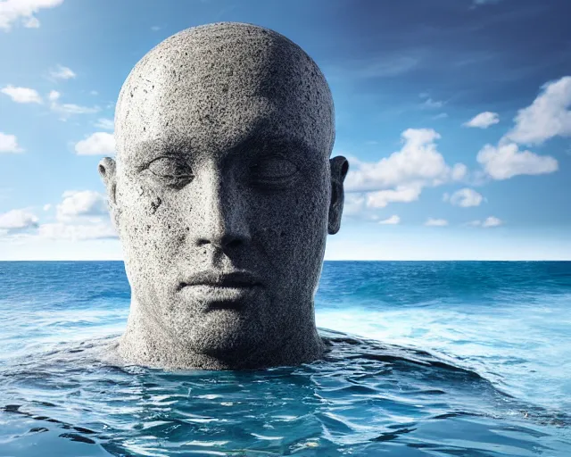 Prompt: a giant sculpture on the surface of the ocean of a human head, hyper - realistic, very detailed, realistic water, ray tracing, 8 k resolution, long - shot, sharp focus, low angle, 8 5 mm photograph, wide lens