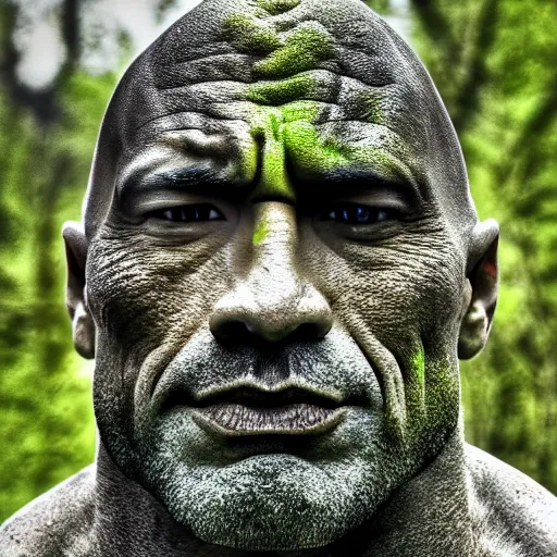 Image similar to a grey mossy rock with the face of dwayne johnson, shot on iphone 1