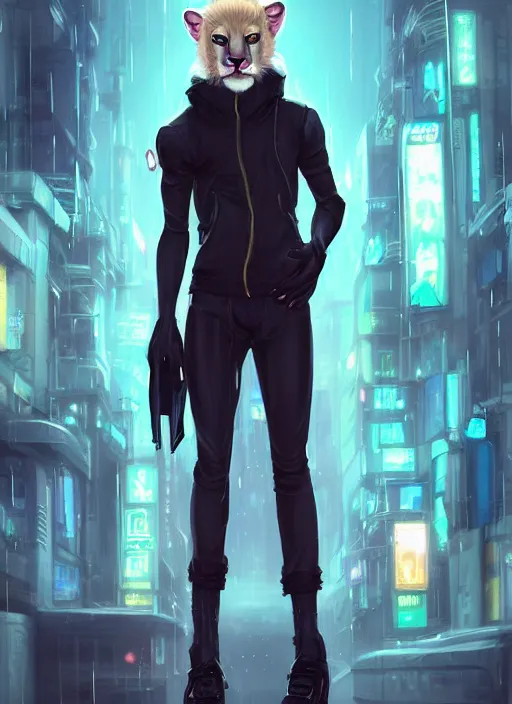 Image similar to award winning beautiful portrait commission art of a male furry anthro albino mountain lion fursona with a tail and a cute beautiful attractive detailed furry face wearing black stylish cyberpunk pants, black stylish cyberpunk boots, red cyberpunk vest in a cyberpunk city at night while it rains. Character design by charlie bowater, ross tran, artgerm, and makoto shinkai, detailed, inked, western comic book art