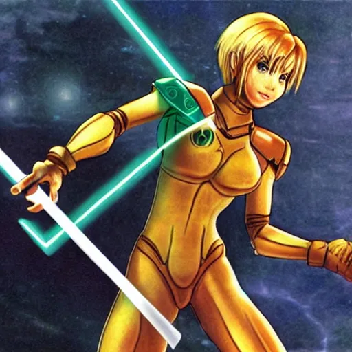 Prompt: samus holding a jedi sword