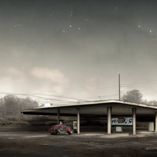Prompt: Abandoned sci-fi gas station, dark and dim, atmospheric, trending on artstation, 8k matte painting