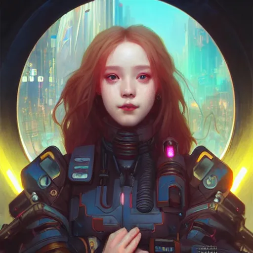 Image similar to portrait painting of cyberpunk chuu loona as a cheerful smiling mercenary, ultra realistic, concept art, intricate details, eerie, highly detailed, photorealistic, octane render, 8 k, unreal engine. art by artgerm and greg rutkowski and magali villeneuve and alphonse mucha