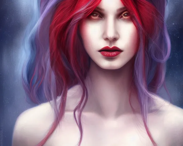 Image similar to A detailed matte oil on canvas head on symmetrical portrait of a distinguished elven woman with red and blue hair on an empty background, by Charlie bowater, Lise Deharme, Wlop, trending on artstationhd, dungeons and dragons art, parted hair , half blue, half red , split dye, critical role