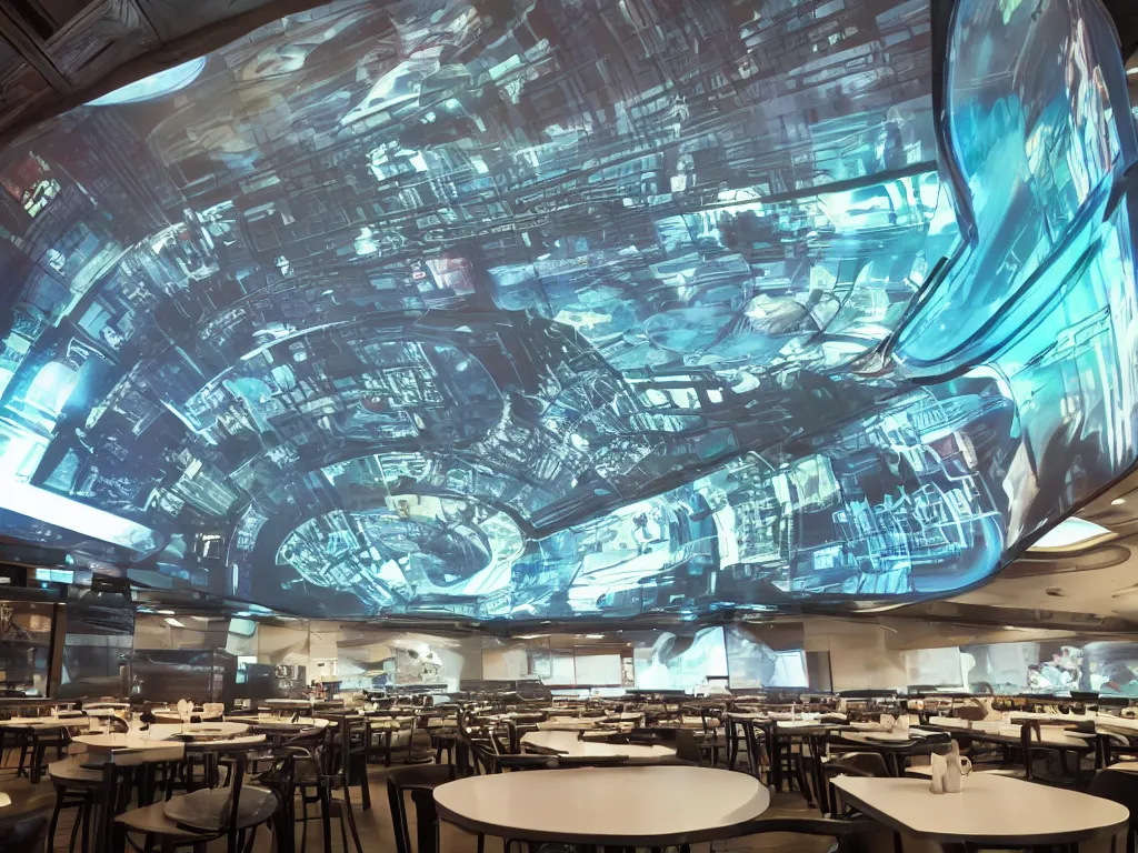 Image similar to visor with curved translucent screens projecting detailed sci - fi art, pixel perfect photograph, high contrast, volumetric lighting, thin glowing lights, restaurant, chairs, users, pair of keys