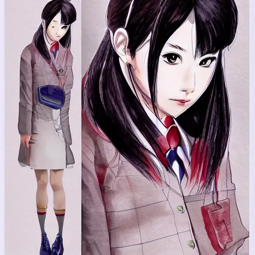 Prompt: a perfect, realistic professional digital sketch of a Japanese schoolgirl in style of Marvel, full length, by pen and watercolor, by a professional American artist on ArtStation, a hollywood-style sketch, on high-quality paper