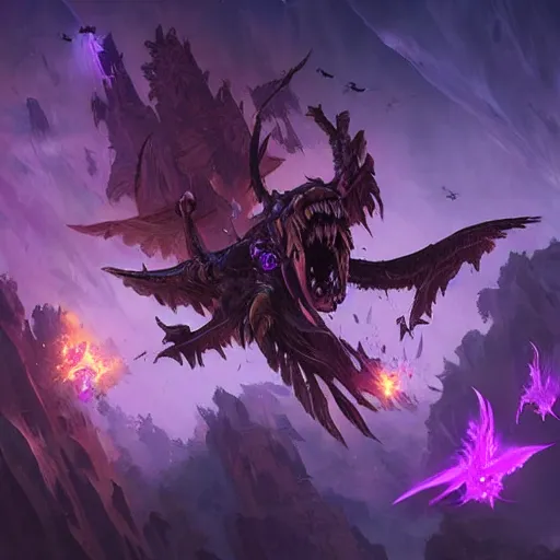 Image similar to flying skulls with violet fire trails, two fangs, violet theme, epic fantasy digital art style, fantasy artwork, by Greg Rutkowski, fantasy hearthstone card art style