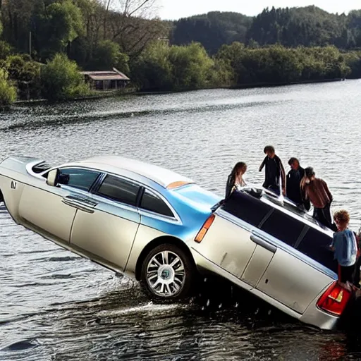 Image similar to Group of teenagers push Rolls-Royce into lake with their hands from a small slide