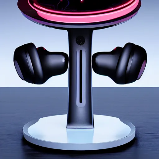 Image similar to wireless headphone stand machine, futuristic, techno, cyberpunk, product design, render, concept, fun