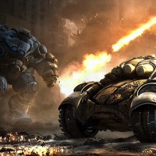 Image similar to a 'Blastoise Tank' in 'Gears of War', splash art, movie still, cinematic lighting, detailed face, dramatic, octane render, long lens, shallow depth of field, bokeh, anamorphic lens flare, 8k, hyper detailed, 35mm film grain