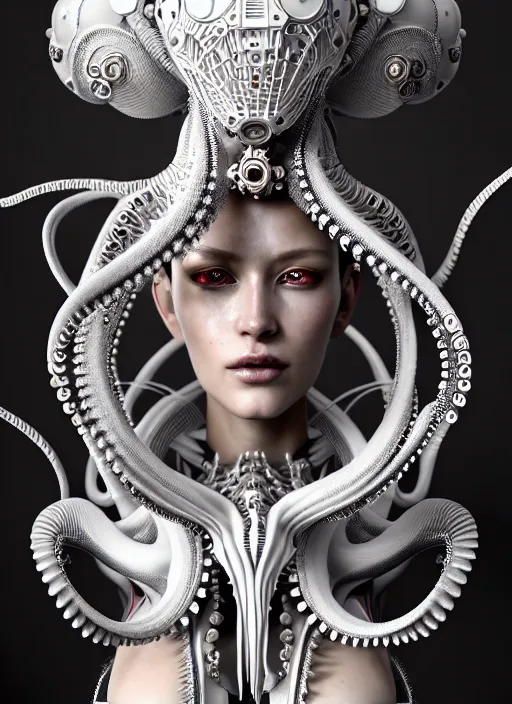 Image similar to portrait of an absurdly beautiful, graceful, sophisticated, fashionable cyberpunk mechanoid, hyperdetailed illustration by irakli nadar and alexandre ferra and vania zouravliov, intricate linework, white porcelain skin, faberge, octopus headdress, unreal engine 5 highly rendered, global illumination, radiant light, detailed and intricate environment