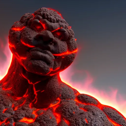 Image similar to a large, muscular, standing, humanoid, lava rock, magma, fire golem creature, burning eyes, exaggerated perspective, unreal engine, 3 5 mm