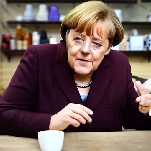 Image similar to angela merkel smoke weed in a coffee shop