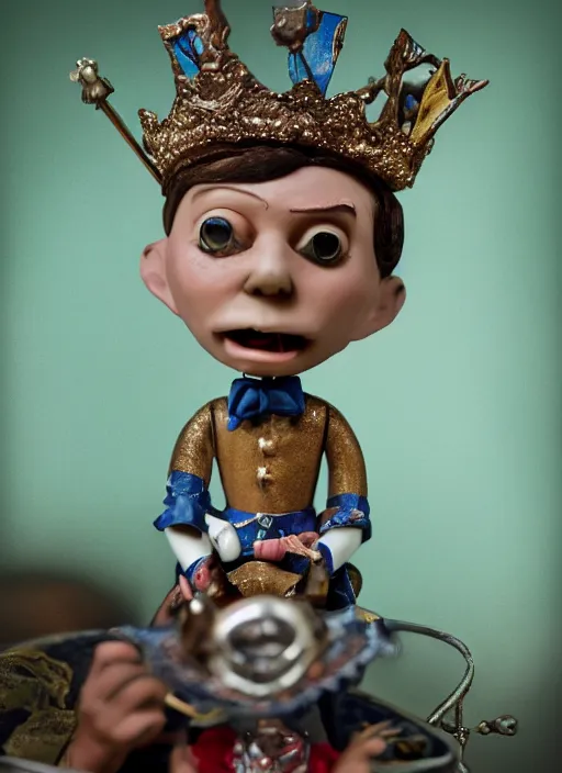 Image similar to closeup face profile portrait of tin toy jack the ripper as a fairytale prince wearing a crown eating cakes, banana, depth of field, zeiss lens, detailed, symmetrical, centered, fashion photoshoot, by nicoletta ceccoli, mark ryden, lostfish, breathtaking, 8 k resolution, extremely detailed, beautiful, establishing shot, artistic, hyperrealistic, octane render