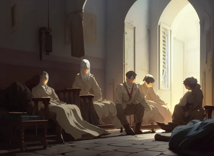Prompt: 1 8 5 4 crimea, florence nightingale, army hospital in scutari, overcrowded, filthy, blocked drains, broken toilets, rats, many wounded soldiers, sleep dirty floor, grimy walls, finely detailed perfect art, painted by greg rutkowski makoto shinkai takashi takeuchi studio ghibli
