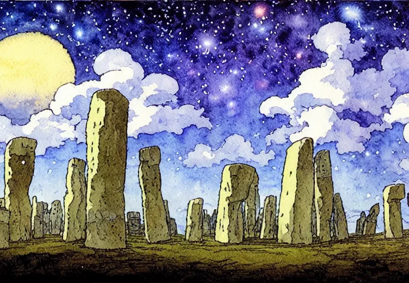 Image similar to a simple watercolor studio ghibli movie still fantasy concept art of a giant wizard playing in a tiny stonehenge. it is a misty starry night. by rebecca guay, michael kaluta, charles vess